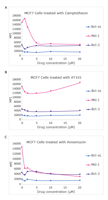Graphs showing a drug dose-dependent study in MCF7 cell line using the MILLIPLEX® Bcl-2 Family Apoptosis Panel 2 (Cat. No. 48-683MAG) with varying concentrations of camptothecin, anisomycin, and AT101. Analytes measured include Bcl-xL, MCL-1, and Bcl-2.