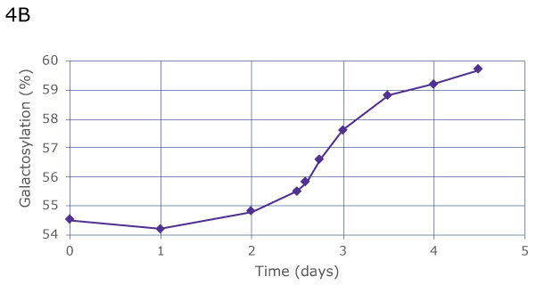 Automated sampling shows the same constant increase of galactosylation over 4 days, from 54.5% on day 0 to 59% on day 4, but provides greater insight due to more frequent data collection, thus allowing to observe a more precise curve progression between day 2 and 3.  