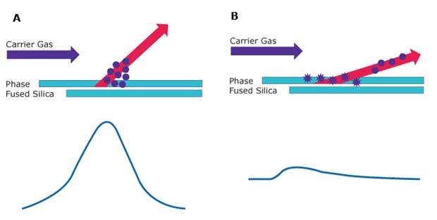 Column interactions in gas chromatography Diagram showing analyte interaction with stationary phase in GC column and resulting peak shapes