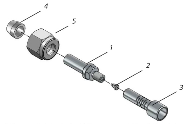 Exploded diagram of Siltite® fingertite® FID detector assembly showing adapter, ferrule, nut, and sealing components for GC systems