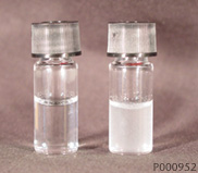 Two small glass vials on a neutral background. The vial on the left contains a clear liquid, while the vial on the right holds a cloudy, white liquid, both sealed with silver caps. Two small glass vials on a neutral background. The vial on the left contains a clear liquid, while the vial on the right holds a cloudy, white liquid, both sealed with silver caps.