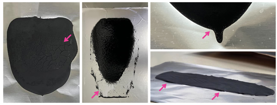 Electrodes Fabricated Under Non-Optimized Slurry Conditions Illustrating Defects Figure 6.1: A close-up of an electrode surface showing extensive cracking, with highlighted cracks visible across the black coating. Figure 6.2: An electrode exhibiting noticeable layer separation, with a clear distinction between the upper and lower layers of the coating. Figure 6.3: A focused view of an electrode with insufficient coating, revealing areas where the substrate is exposed. Figure 6.4: A photograph of an electrode displaying delamination, with visible separation at the edges of the coated layer.