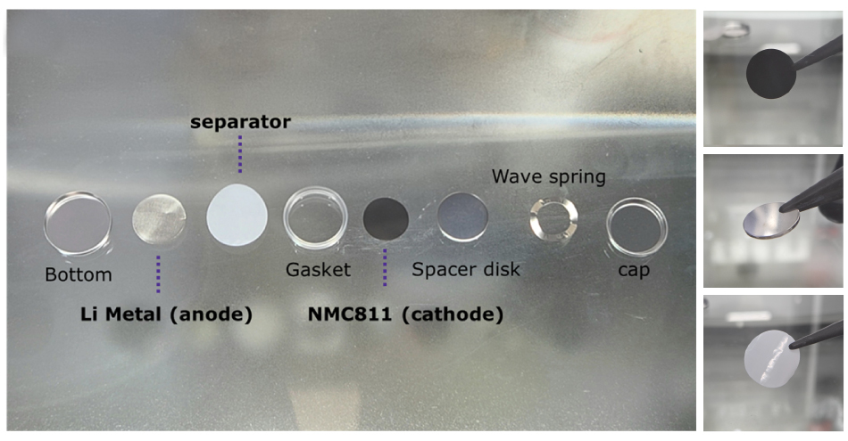 Individual Components Used in the Assembly of a 2032 Coin-Type Battery Cell Figure 4.1: A close-up view of components in a row, labeled with their respective names Figure 4.2: A focused image of the NMC811 cathode being held with tweezers, showcasing its smooth, dark surface. Figure 4.3: A close-up of the Li Metal anode, held with tweezers, revealing its shiny, metallic finish. Figure 4.4: An image of the separator, held with tweezers, displaying its translucent, flexible material.