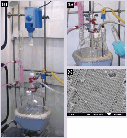 (a) Photograph of reactor setup for preparation of monodisperse polymer spheres. Please refer to the Product Table for list of reactor components. (b) Reagents (e.g. free-radical initiators) are added to the reaction via syringe without breaking N2 atmosphere inside the reactor. (c) SEM image of a typical PMMA colloidal crystal with multiple layers of monodisperse PMMA spheres packed in fcc structure. Point and line defects often observed in these colloidal crystals are also visible in the micrograph. (a) Photograph of reactor setup for preparation of monodisperse polymer spheres. Please refer to the Product Table for list of reactor components. (b) Reagents (e.g. free-radical initiators) are added to the reaction via syringe without breaking N2 atmosphere inside the reactor. (c) SEM image of a typical PMMA colloidal crystal with multiple layers of monodisperse PMMA spheres packed in fcc structure. Point and line defects often observed in these colloidal crystals are also visible in the micrograph.
