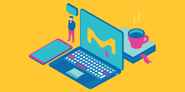 Automated QC Laptop with a blue screen, a tablet, notebook, and a steaming coffee cup on a yellow background.