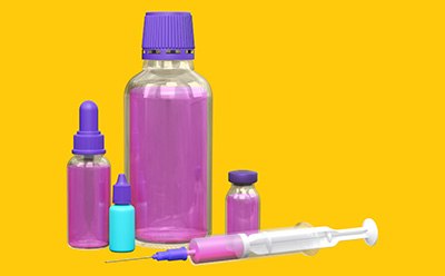 From left to right, the image shows a cup with a red liquid, a glass container of the same red liquid, a brown glass vial with a dropper for a lid, a plastic bottle of eye drops, a glass vial lying on its side, and a glass vial containing a clear liquid with a syringe inserted at the top.