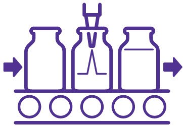 A purple line drawing of a conveyor belt carrying three bottles, with arrows indicating motion from left to right.