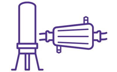 A purple line drawing of a syringe and a vaccine vial, depicting the syringe with its needle pointed upwards and the vial with a cap on top, both illustrated in a simplified style focusing on their basic shapes and structures.