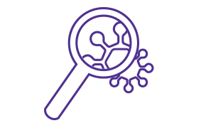 Magnifying glass focusing on a virus structure, symbolizing analysis or inspection of viral components.