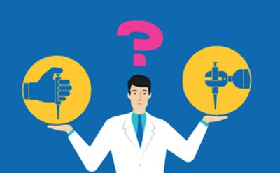 A person considering different sampling options (manual and automated) for a (bio-)pharmaceutical process, depicted by holding icons representing each option in their hands