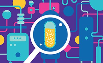 Magnifying glass showing the inside of a bioreactor surrounded by shapes depicting other bioprocess equipment