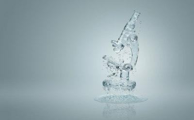An artistic depiction of a microscope created from purified lab water.