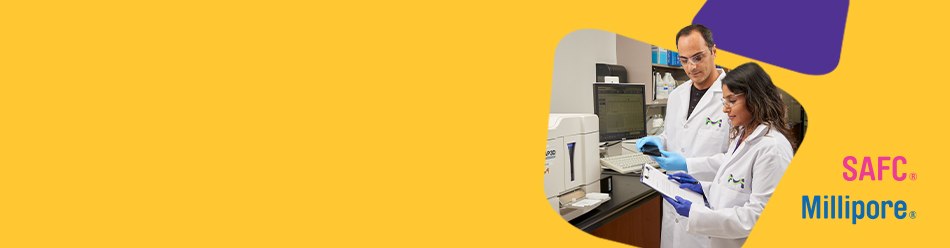 Two lab technicians in white lab coats are collaborating at a laboratory bench, one holding a clipboard and the other using a device. The background features various laboratory supplies and equipment, with a vibrant yellow and purple design framing the image.