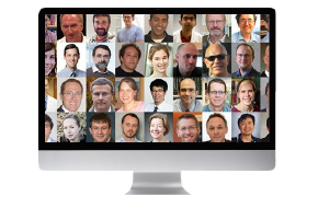 Computer screen with a collage of scientist images involved in chemistry collaboration 