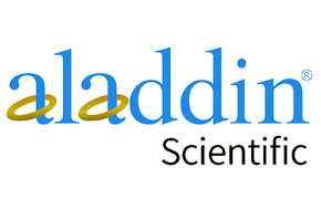 Aladin Scientific logo Aladdin logo features a playful font for the name 'aladdin,' enhanced by two golden rings encircling the letters