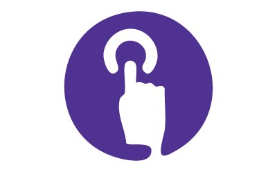 Products at your fingertips A purple circle showing a hand pointing, symbolizing easy access to products.