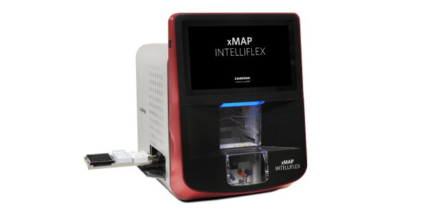 Photograph showing the xMAP® INTELLIFLEX®  Luminex® multiplexing instrument with side eject door open.  