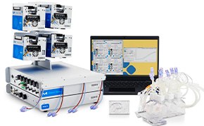 The Mobius® Breez Microbioreactor comprises gamma-irradiated microbioreactor consumables with integrated fluid supply, four (4) bioreactor controllers (PODs), a utility base station, a CO2 sensor box, and accompanying hardware and intuitive software. 