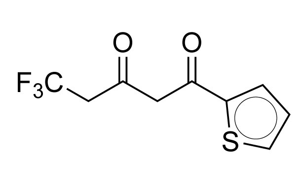 2-Thenoyltrifluoroacetone 的化学结构图，噻吩基与三氟丙酮分子相连，突出显示了羰基和三氟甲基取代基。