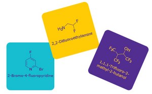 三个彩色方块，写有化学结构和名称，浮在白色背景上。顶部方块为黄色，显示2,2-二氟乙胺的化学结构及其分子式。左下角方块为青色，显示2-溴-4&apos;-氟联苯的化学结构及其分子式。右下角方块为紫色，显示 1,1,1-三氟-2,3-二甲基-2-丁醇的化学结构及其分子式。