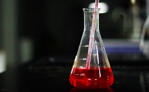 An Erlenmeyer flask containing red culture media, with a serological pipet drawing up media from the flask