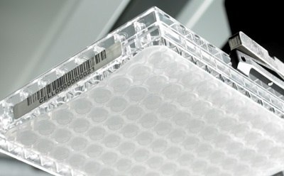 A close-up view of a MultiScreen<sup>®</sup> 96-well plate with a barcode label, held by a robotic arm, showcasing the circular wells used for sample analysis.