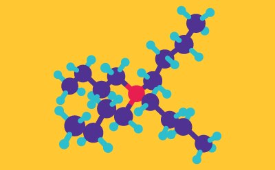 Ball-and-stick model of tetrabutylammonium chloride molecular structure on yellow background. Purple balls represent carbon atoms, cyan balls represent hydrogen atoms, and a red ball represents nitrogen atom. The molecule features interconnected ring structures with branching chains, displayed in a stylized, flat design   '