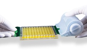 照片显示两只戴手套的手使用滚筒上的粘合剂密封微孔板。