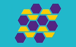 The image features a geometric pattern on a teal background. There are multiple purple hexagons, each outlined in yellow. The hexagons are arranged in two rows, creating a honeycomb-like pattern.