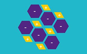 The image depicts a cluster of purple and yellow hexagons on a teal background. Each yellow hexagon has a white plus and purple one has minus symbol at its center.