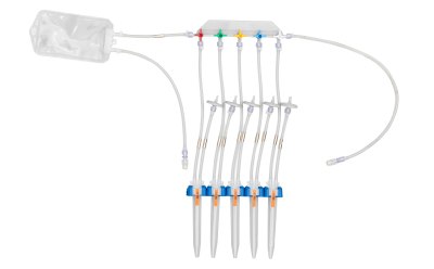 NovaSeptum® Conical Tube Unit Sterile multi sampling system with five manifolded conical tubes. Large drainage bag at one end and tubing at other end of unit.