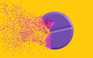 Dissolving tablet representing increased dissolution rates and enhanced solubility of the active ingredient.
