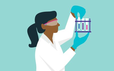 Scientist in lab gear looking at a rack of tubes filled with different colored liquid