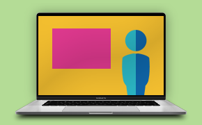 An open laptop with a colorful display featuring a stylized human figure in blue on the right and a pink rectangle on the left against a yellow background.