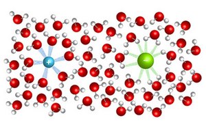 本图片所示为分子结构图，其中的红球和白球代表水分子，中间的绿球和蓝球代表不同原子或离子，所有球通过代表化学键的直线相连。