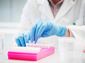 A laboratory scene featuring a gloved hand working with a pink tray of test tubes, set against a soft green background. The image conveys a focus on precision and care in a scientific environment, emphasizing the process of lateral flow assay development.