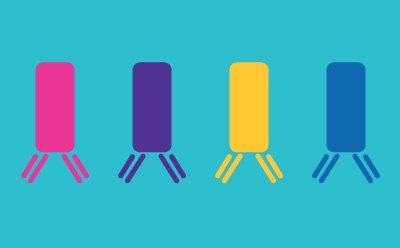 Cartoon illustration showing four phages in pink, purple, yellow, and blue displaying antibody Fab fragments on their surfaces