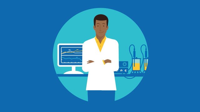  Scientist standing in front of a computer monitor displaying graphs and a table with medical equipment, all encapsulated within a circular blue background.