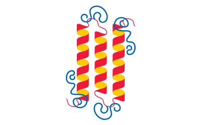 Diagram of three parallel α helices coated with flexible PEG chains forming a hydrated steric shield around the protein structure.