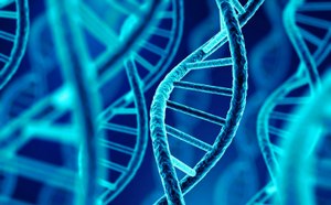 DNA double helix on a blue background.