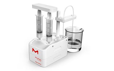 NanoFabTx™ NanoFlash CIJ device showing confined impingement jet design for rapid microfluidic mixing and nanoparticle formulation.