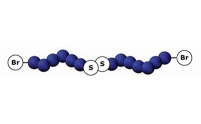 Model of a polymer chain with bromine end groups and a central disulfide bond, illustrated as connected spherical units.