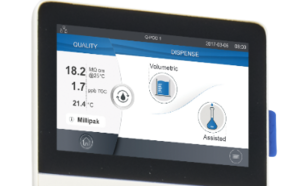 Display screen from a water purification system showing resistivity, TOC, and temperature of purified water.