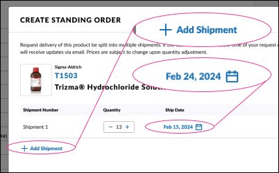 The create standing order process to adjust quantities and add shipments.