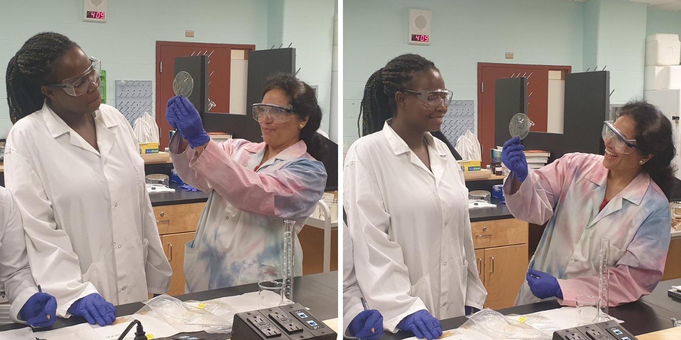 Two images of Dr. Shetranjiwalla wearing a tie-dye lab coat and standing at a lab bench with two students. In the left image, she holds up a sample and the student looks at it carefully. In the right image, both the student and Dr. Shetranjiwalla laugh. 