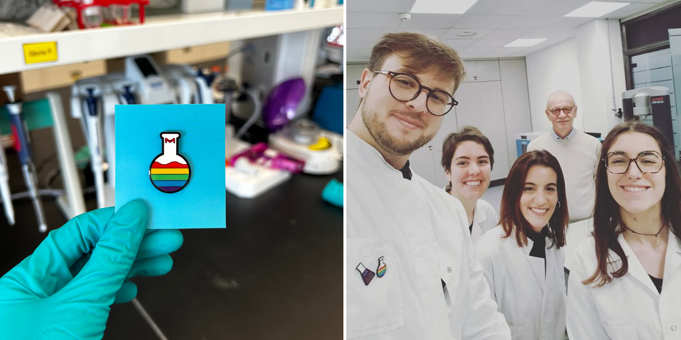 Two images – On the left, a gloved hand in a lab setting holds a pin that is a round bottom flask with rainbow colored “liquid” at the bottom of the flask. On the right, group of five scientists take a selfie in the lab. Four scientists in the foreground are wearing white lab coats and the individual on the far left wears glasses and has two pins on their lab coat. One has rainbow colors on the pin.