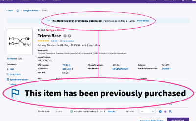 Screenshot of Millipore Sigma product detail page showing previous purchase banner