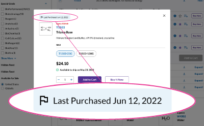 Screenshot of Millipore Sigma product quick view showing previous purchase banner 