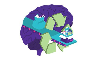 Design of SHIFT circular recycling program, depicting a conveyor belt for recycling full of life science products, passing through a brain to indicate a shifting perspective of recycling.