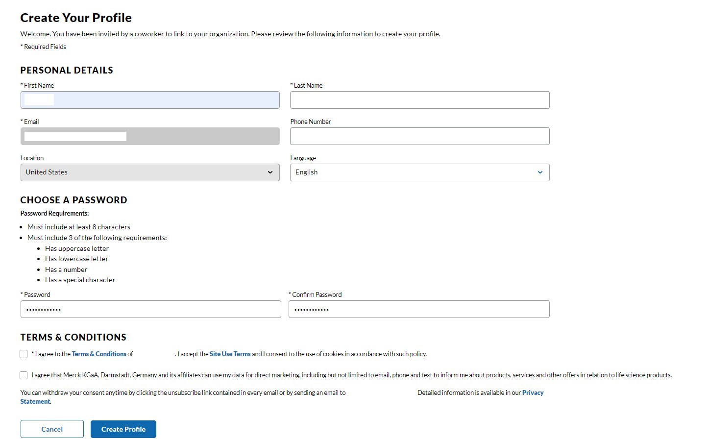 The invited co-worker is guided to a form and only needs to fill in their personal details and choose a password.